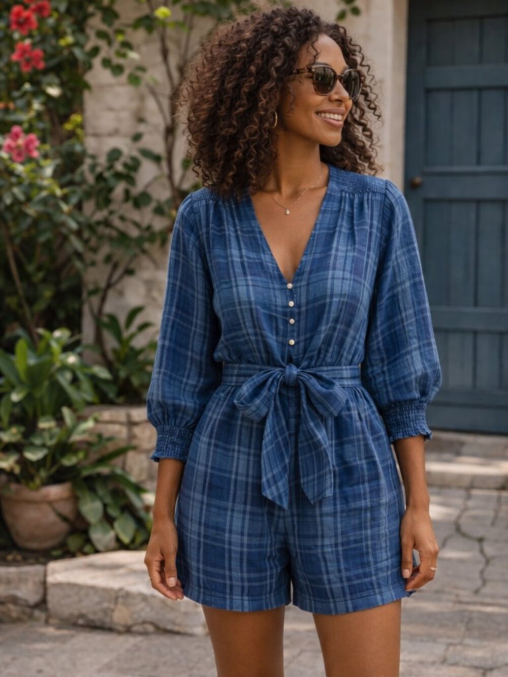 Ralph Lauren Linen Plaid Romper Blue - Picture 10 of 10
